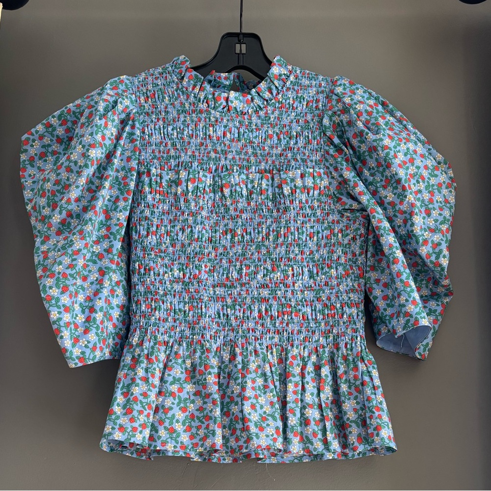 Sea of New York Blue Smocked Top with Floral Design